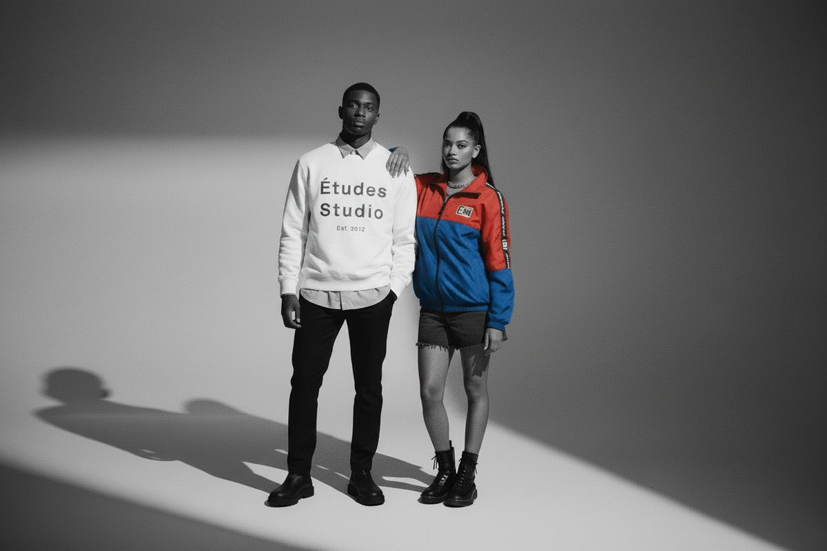 Look vintage seconde main homme et femme : sweat Études Studio et veste Karl Kani