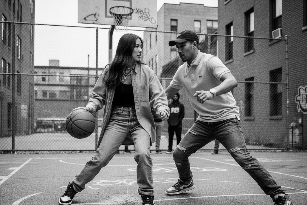 femme asiatique houe au basket avec un homme, polo ralph lauren, polo lacoste, jean levis, basket jordan, street, photo en noir et blanc