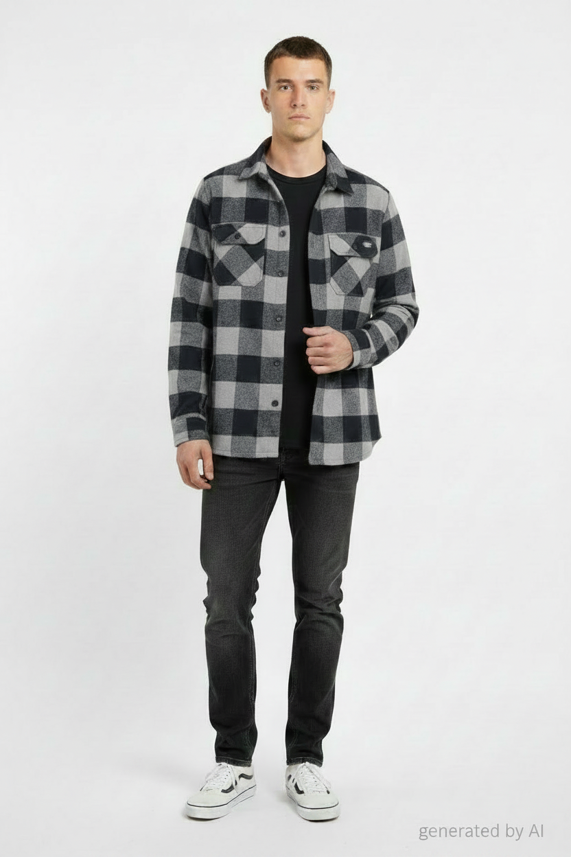 Chemise Dickies à carreaux noir gris taupe S recto — workwear seconde main vintage — Epok Label