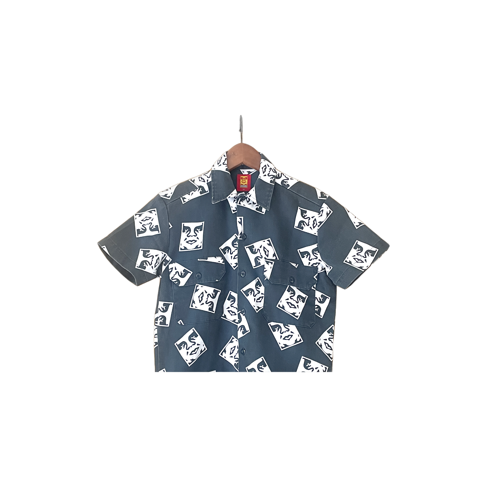 Chemise Dickies x Obey noir gris logo all-over manches courtes (XS) - détail