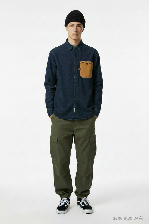 Chemise G-Star RAW homme L recto — denim bleu foncé coupe regular poche beige contrastante pressions — seconde main très bon état — Epok Label