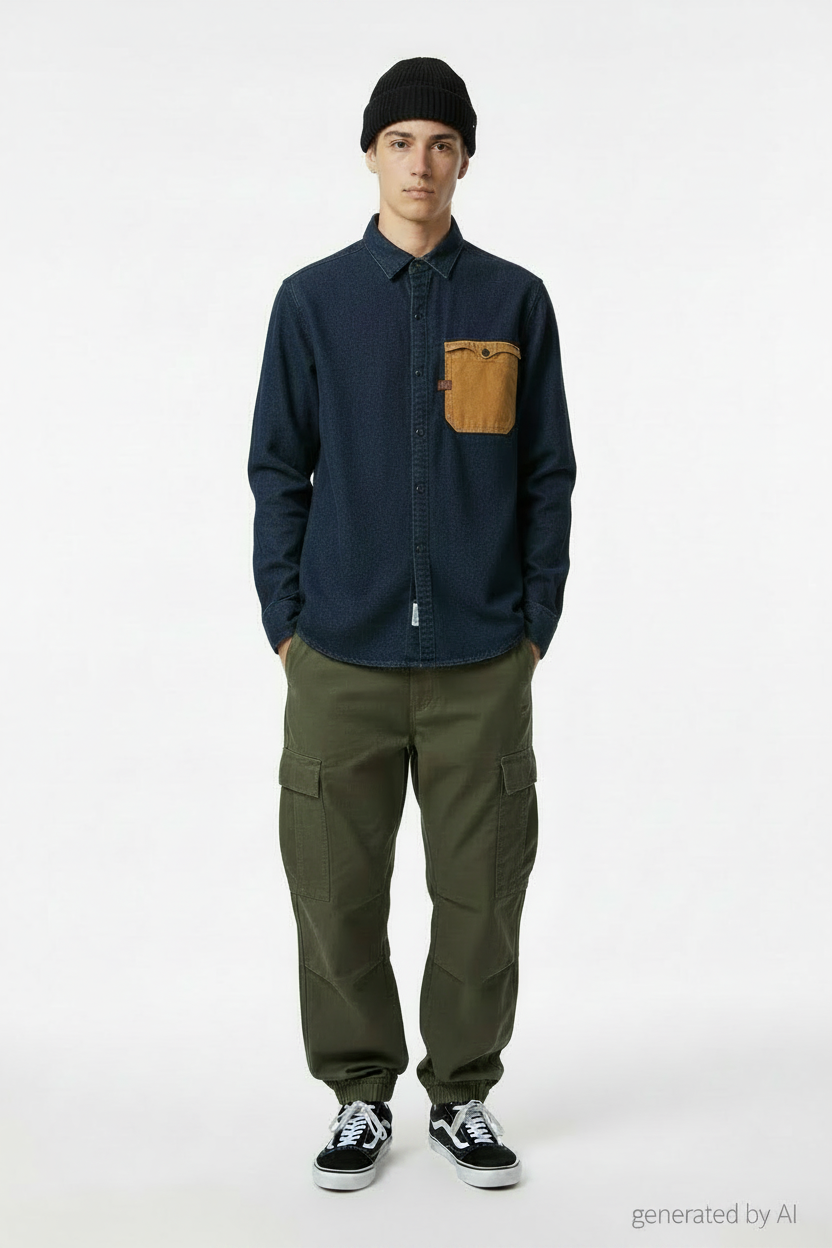 Chemise G-star denim marine poche camel - vue de face