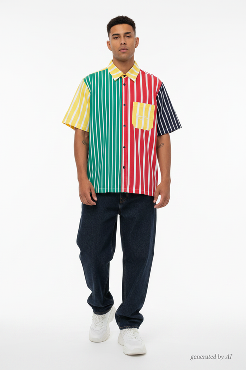 Chemise Karl Kani homme S recto — manches courtes bandes multicolores vert jaune rouge bleu marine — seconde main jamais portée — Epok Label