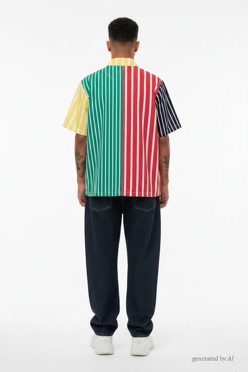 Chemise Karl Kani homme S verso — manches courtes bandes multicolores vert jaune rouge bleu marine — seconde main jamais portée — Epok Label