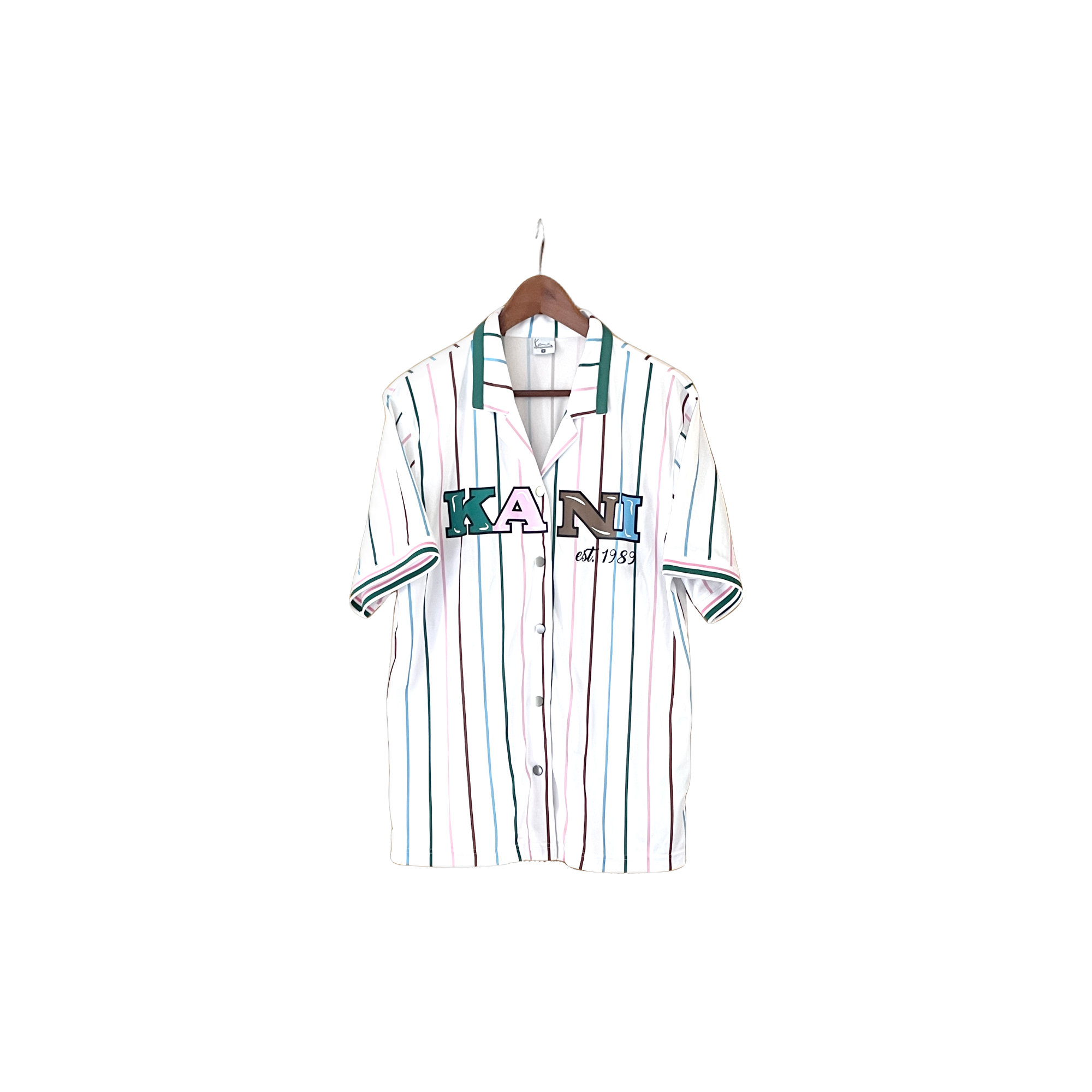 Chemise Karl Kani vintage baseball blanc rayures rose noir bleu (M) - vue de face