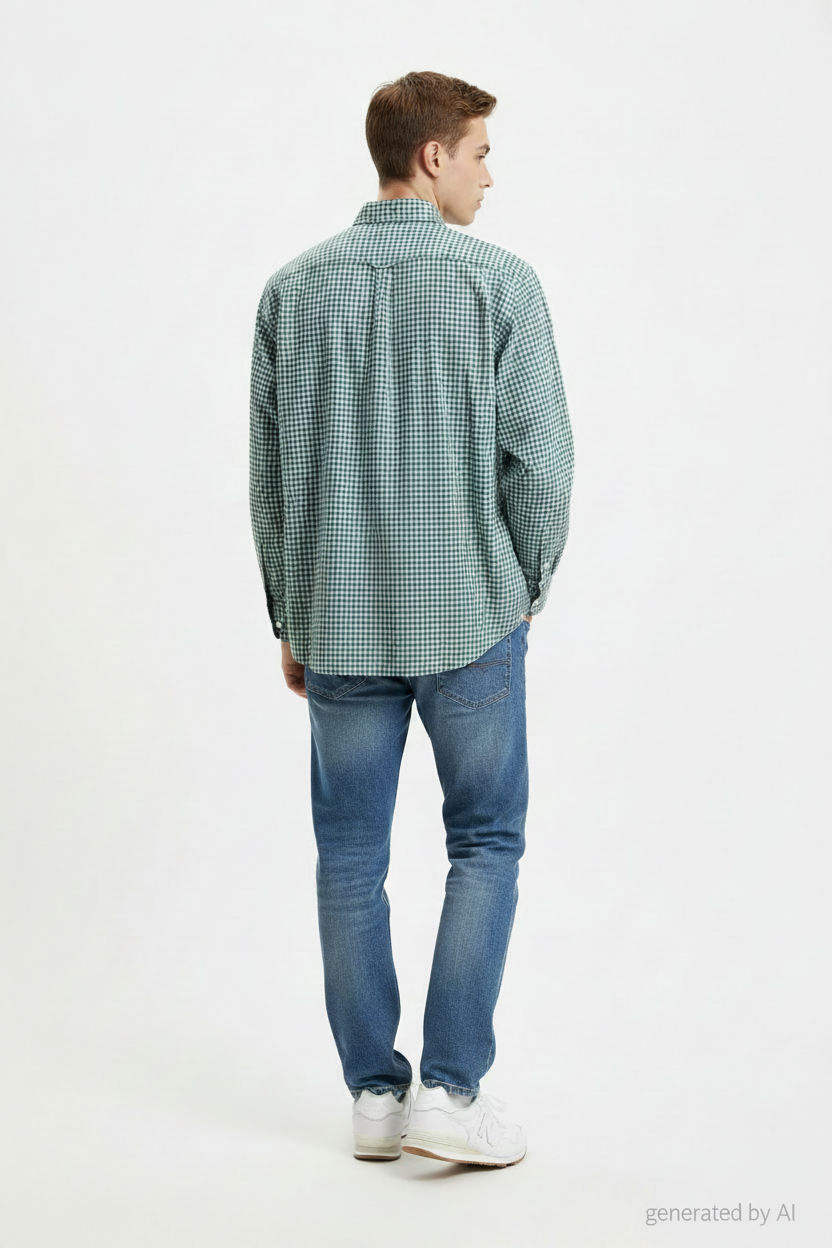 Chemise Tommy Hilfiger à carreaux blanc et bleu - vue de dos sur mannequin