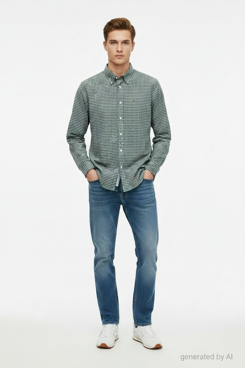 Chemise Tommy Hilfiger à carreaux blanc et bleu - vue de face sur mannequin