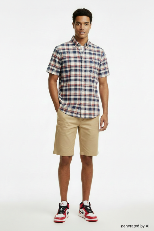 Chemise Tommy Hilfiger homme L manches courtes recto — carreaux rouge blanc bleu regular fit — seconde main parfait état — Epok Label