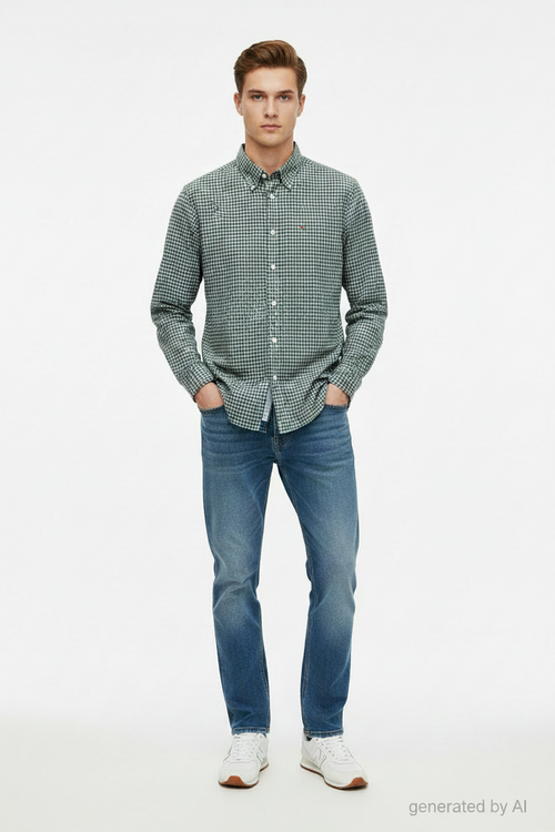 Chemise Tommy Hilfiger homme L recto — carreaux blanc bleu foncé vert foncé coupe classique regular — seconde main parfait état — Epok Label