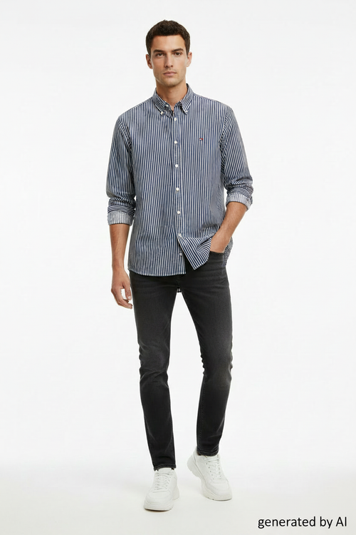 Chemise Tommy Hilfiger homme L recto — rayée blanc bleu marine classic fit droite — seconde main parfait état — Epok Label