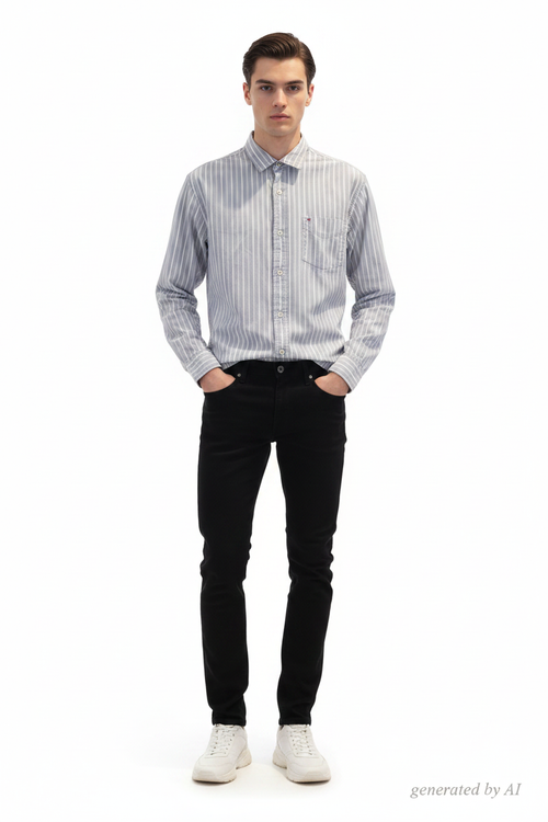 Chemise Tommy Hilfiger homme M recto — rayée blanc bleu gris classic fit droite — seconde main parfait état — Epok Label