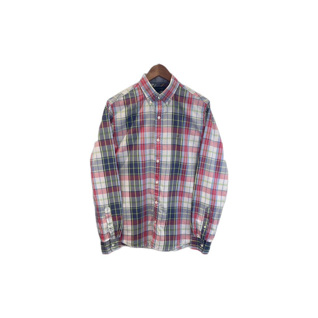 Chemise Tommy Hilfiger homme S face — grands carreaux blanc rouge bleu foncé vert pomme vintage fit — seconde main parfait état — Epok Label