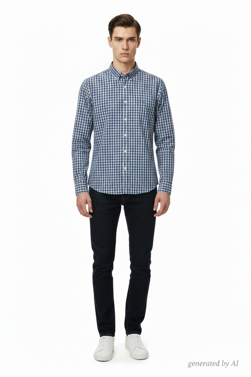 Chemise Tommy Hilfiger homme S recto — carreaux bleu marine blanc New York Fit ajustée — seconde main parfait état — Epok Label