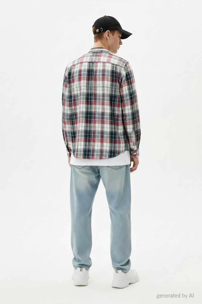 Chemise Tommy Hilfiger homme S verso — grands carreaux blanc rouge bleu foncé vert pomme vintage fit — seconde main parfait état — Epok Label