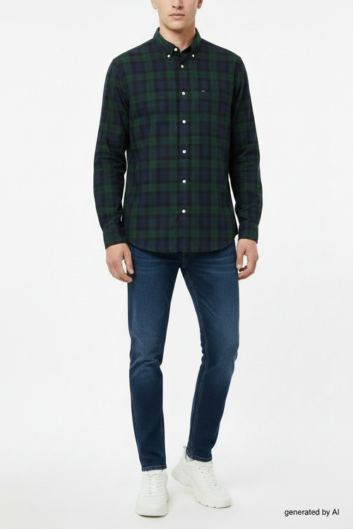 Chemise Tommy Hilfiger homme XL recto — carreaux vert noir bleu foncé regular fit manches longues — seconde main parfait état — Epok Label