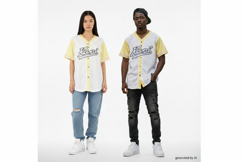 Chemise baseball Karl Kani unisexe M recto — rayures jaunes logo brodé poitrine — seconde main vintage — Epok Label