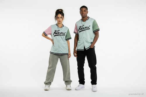 Chemise baseball Karl Kani unisexe XS recto — bleu clair manches vert et rose pastel logo brodé — seconde main — Epok Label