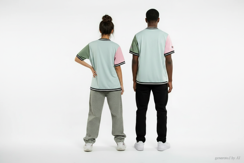 Chemise baseball Karl Kani unisexe XS verso — bleu clair manches vert et rose pastel logo brodé — seconde main — Epok Label