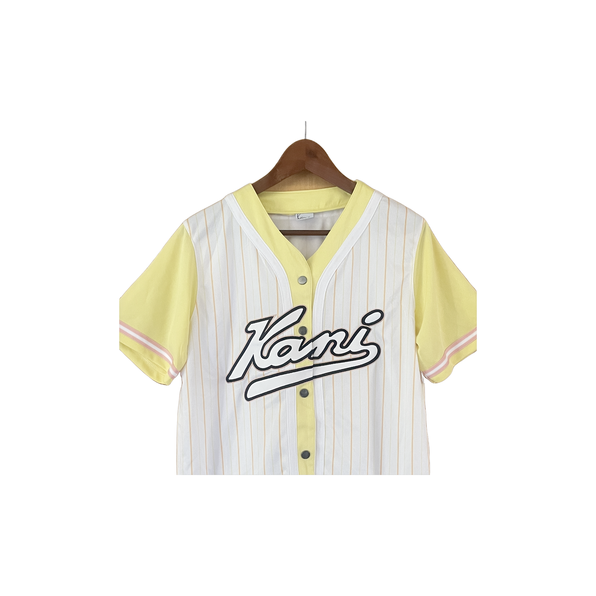 Chemise baseball Karl Kani unisexe vintage blanc rayures jaunes logo brodé - détail – taille M