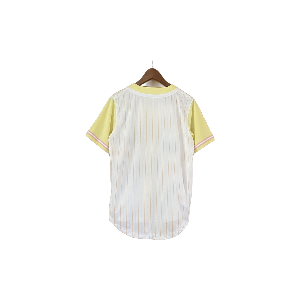 Chemise baseball Karl Kani unisexe vintage blanc rayures jaunes logo brodé - vue de dos – taille M