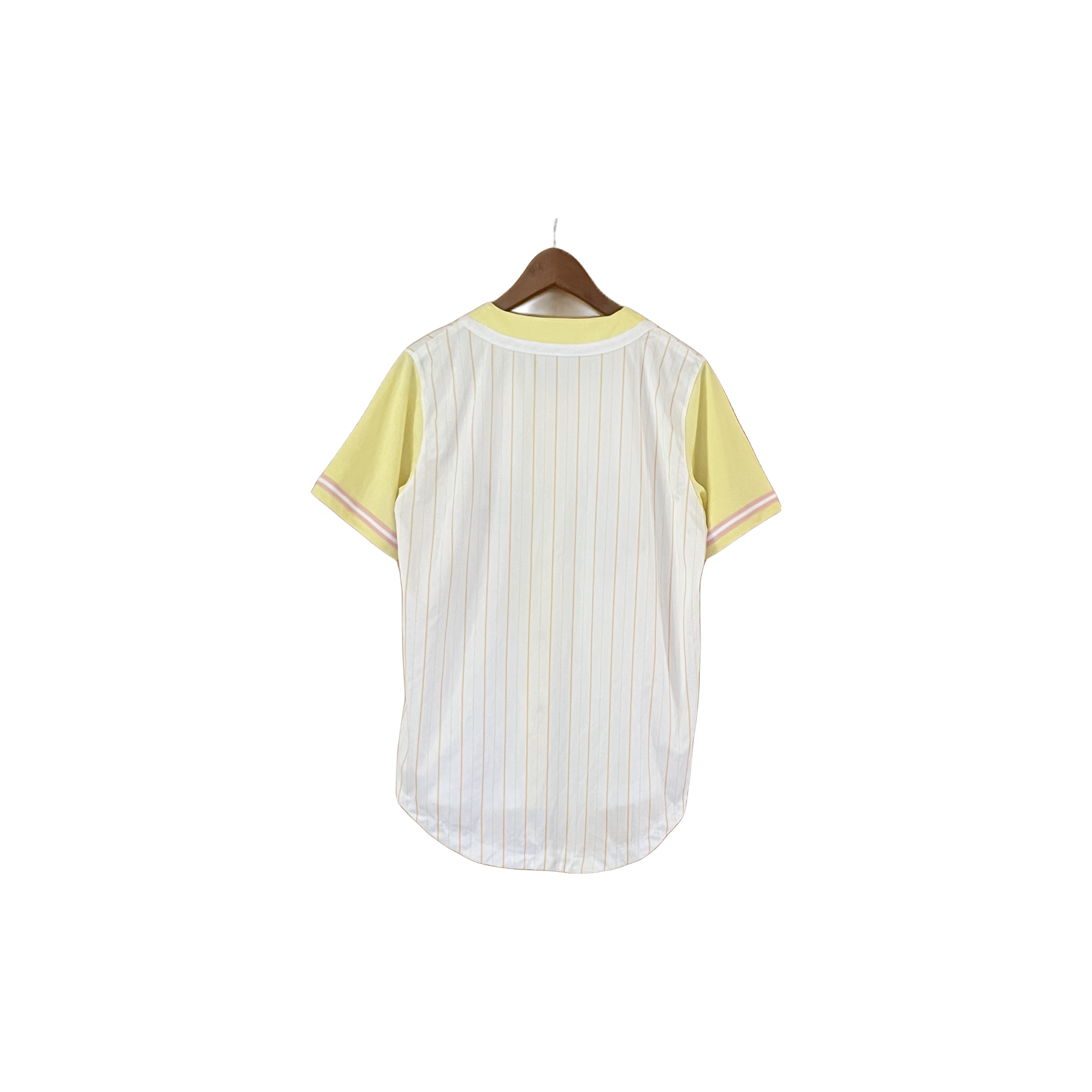 Chemise baseball Karl Kani unisexe vintage blanc rayures jaunes logo brodé - vue de dos – taille M