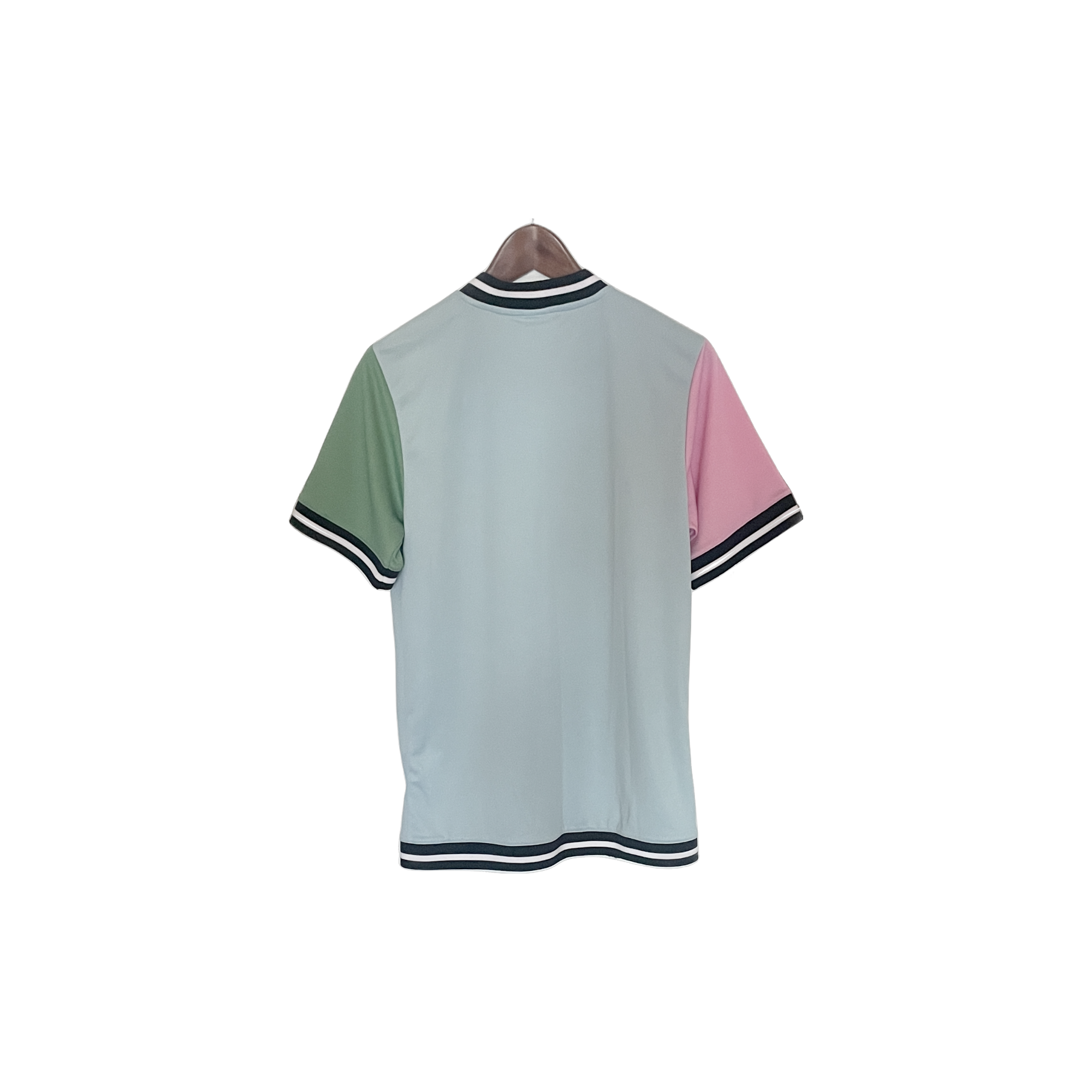 Chemise baseball Karl Kani vintage XS – vue de dos, coloris bleu clair, manche verte et rose pastel