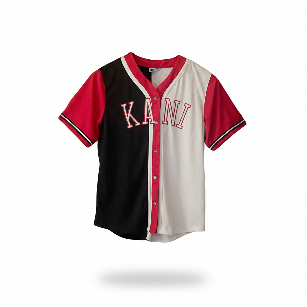 Chemise baseball Karl Kani vintage unisexe XL – colorway noir, rouge et blanc, coupe oversize 90s, parfait état