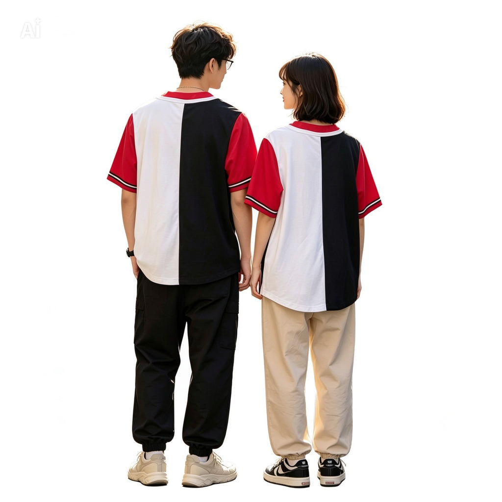 Chemise baseball Karl Kani vintage unisexe XL – colorway noir, rouge et blanc, coupe oversize 90s, parfait état vue de dos sur mannequin