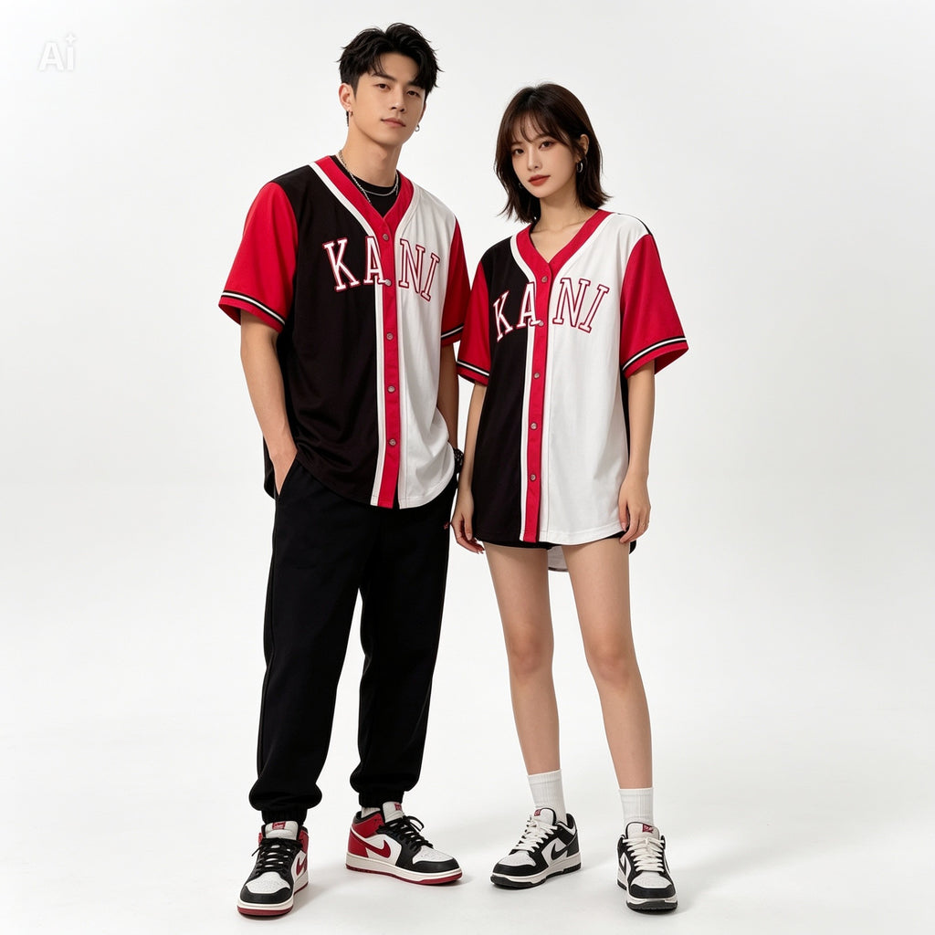 Chemise baseball Karl Kani vintage unisexe XL – colorway noir, rouge et blanc, coupe oversize 90s, parfait état vue sur mannequin