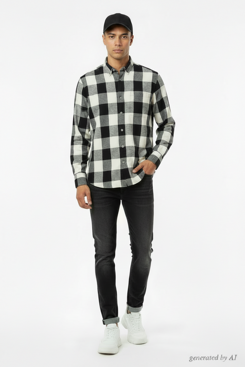 Chemise Études Studio homme 46 recto — carreaux blanc noir gris laine lin coton manches longues — neuve jamais portée seconde main — Epok Label