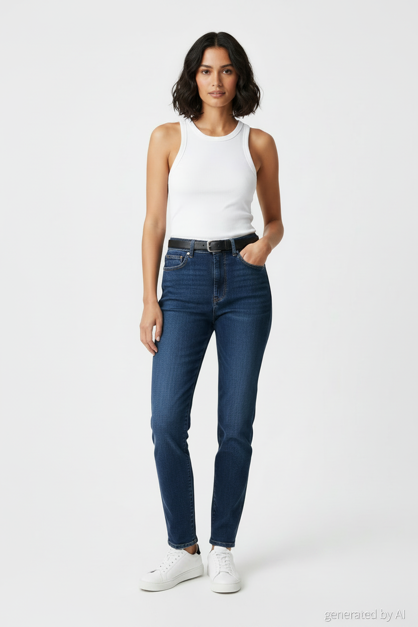 Jean Stradivarius MOM bleu foncé (EUR32) - vue de face sur mannequin