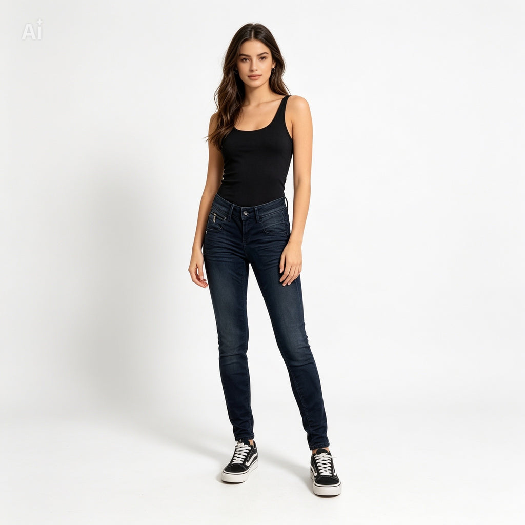 Jean skinny Freeman T. Porter femme taille 26 en denim foncé, coupe ajustée stretch, seconde main excellent état — Epok Label