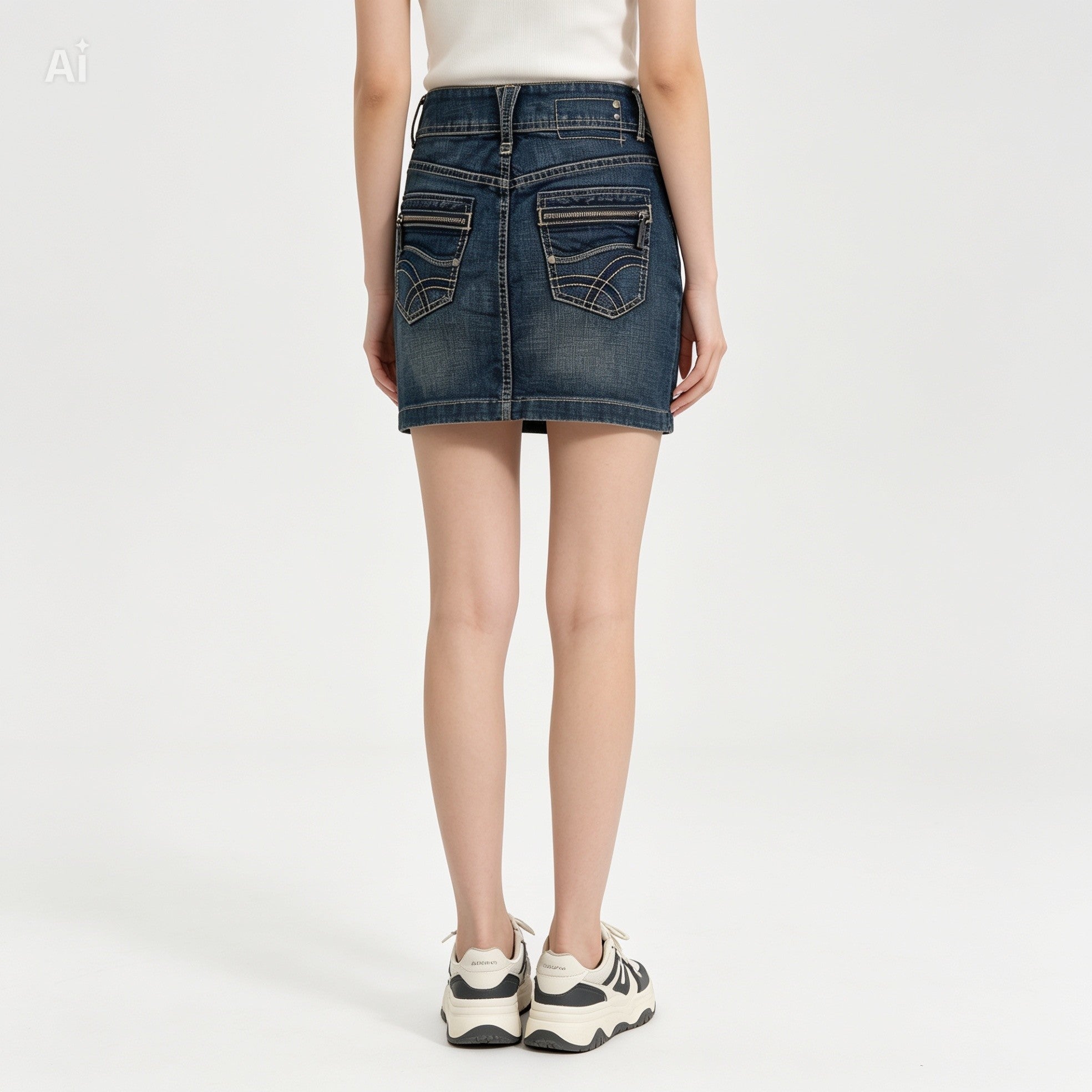 Jupe courte Esprit en jean vintage taille FR34 portée sur mannequin — vue de dos