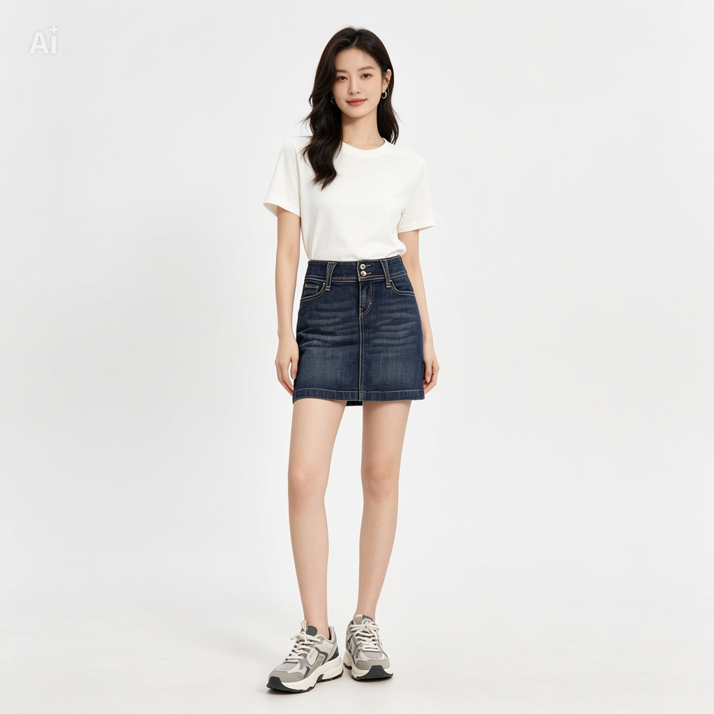 Jupe courte Esprit en jean vintage taille FR34 portée sur mannequin — vue de face