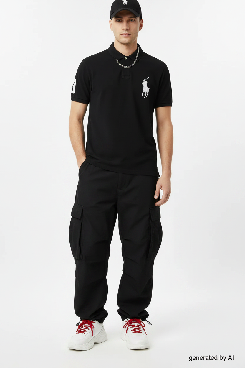 Polo Ralph Lauren noir (XL) - vue de face sur mannequin