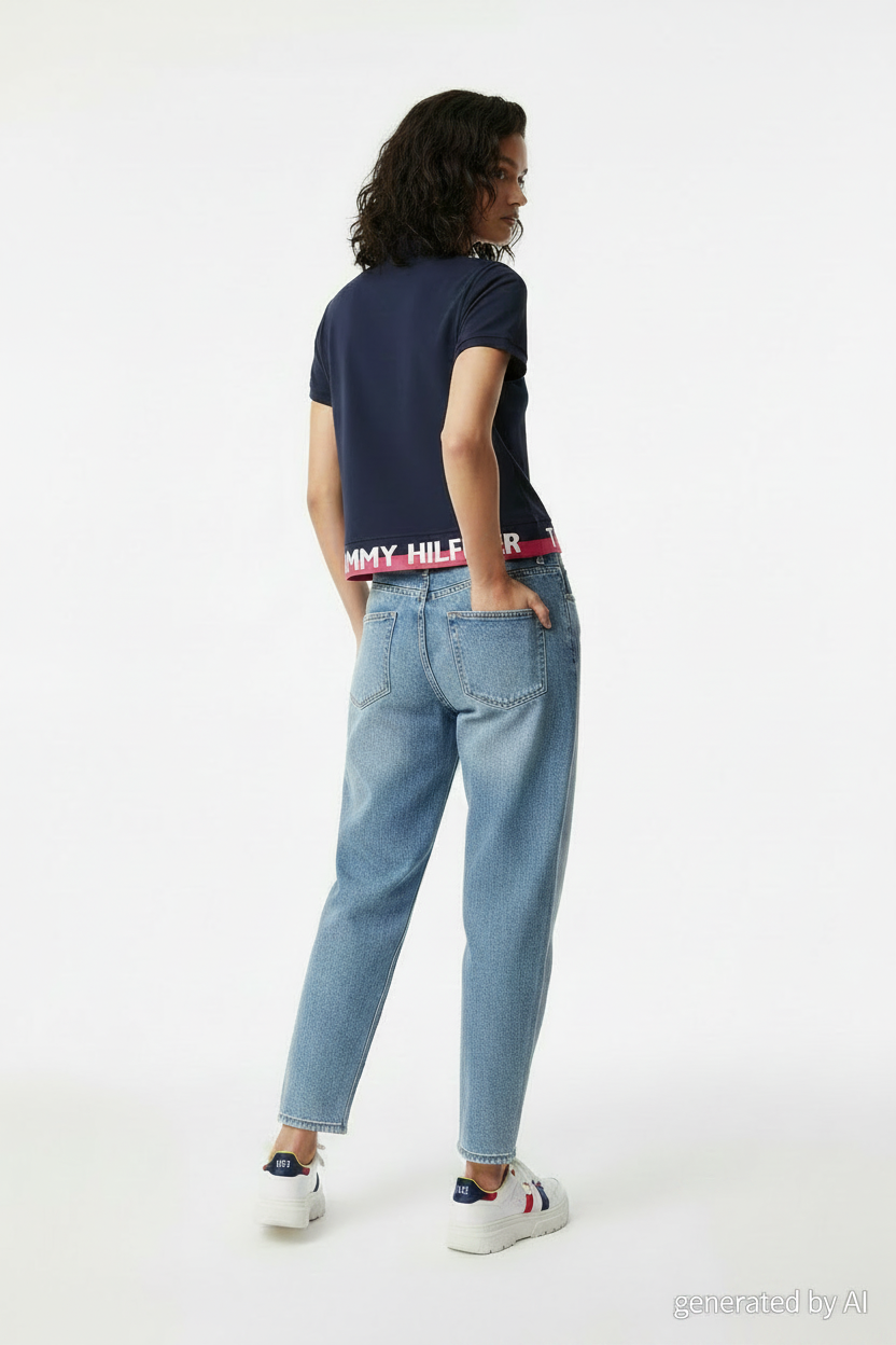 Polo crop Tommy Hilfiger bleu marine femme taille S – vue de dos sur mannequin – Epok Label