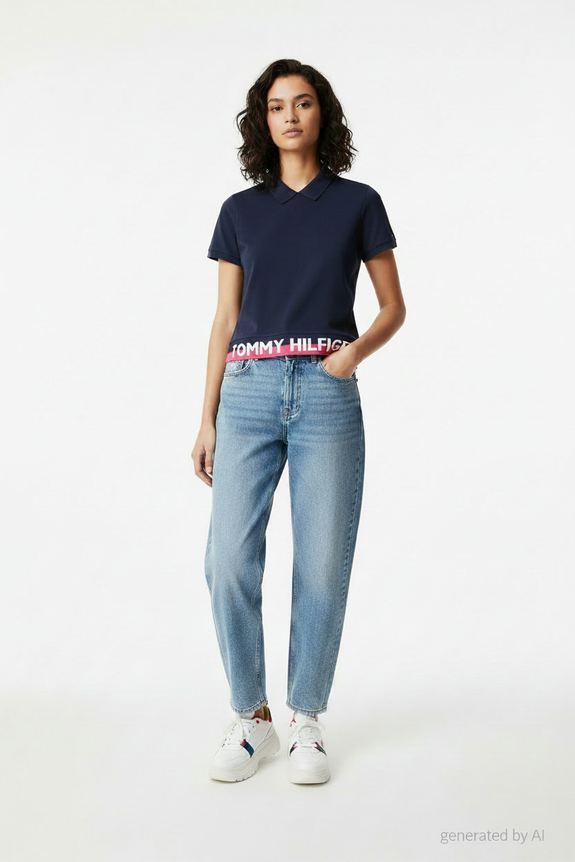Polo crop Tommy Hilfiger bleu marine femme taille S – vue de face sur mannequin – Epok Label