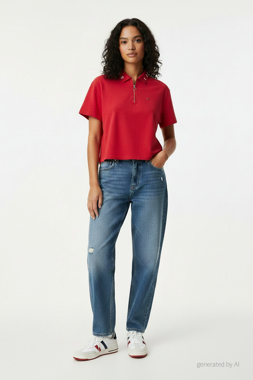 Polo rouge Tommy Hilfiger Jeans femme taille M – coupe crop ample avec zip au col