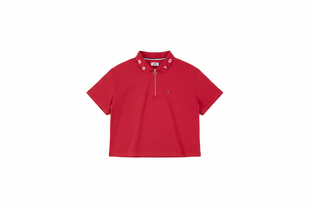 Polo vintage Tommy Hilfiger Jeans rouge – détail col zip, pièce seconde main