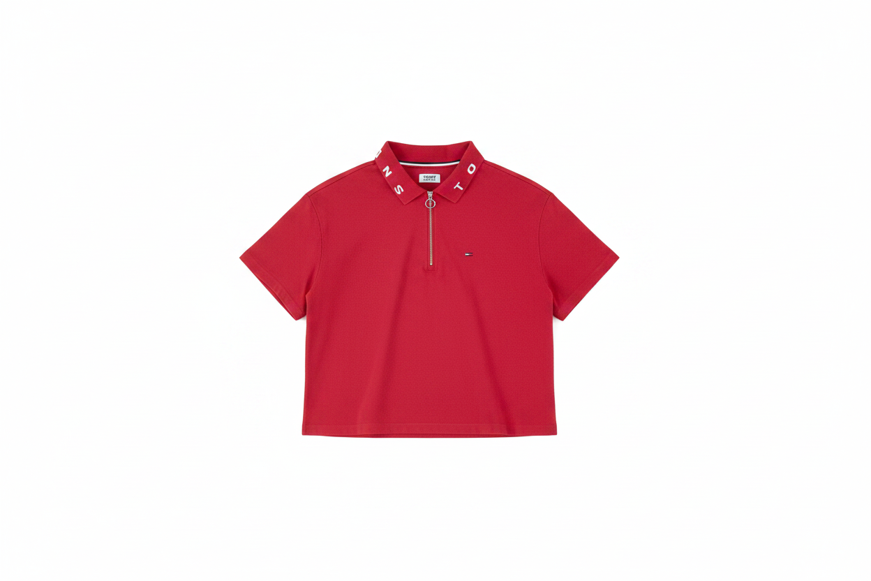 Polo vintage Tommy Hilfiger Jeans rouge – détail col zip, pièce seconde main