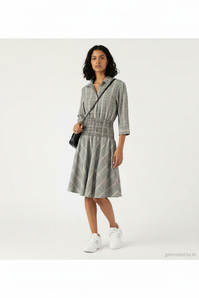 Robe Maje à carreaux gris - vue de face sur mannequin