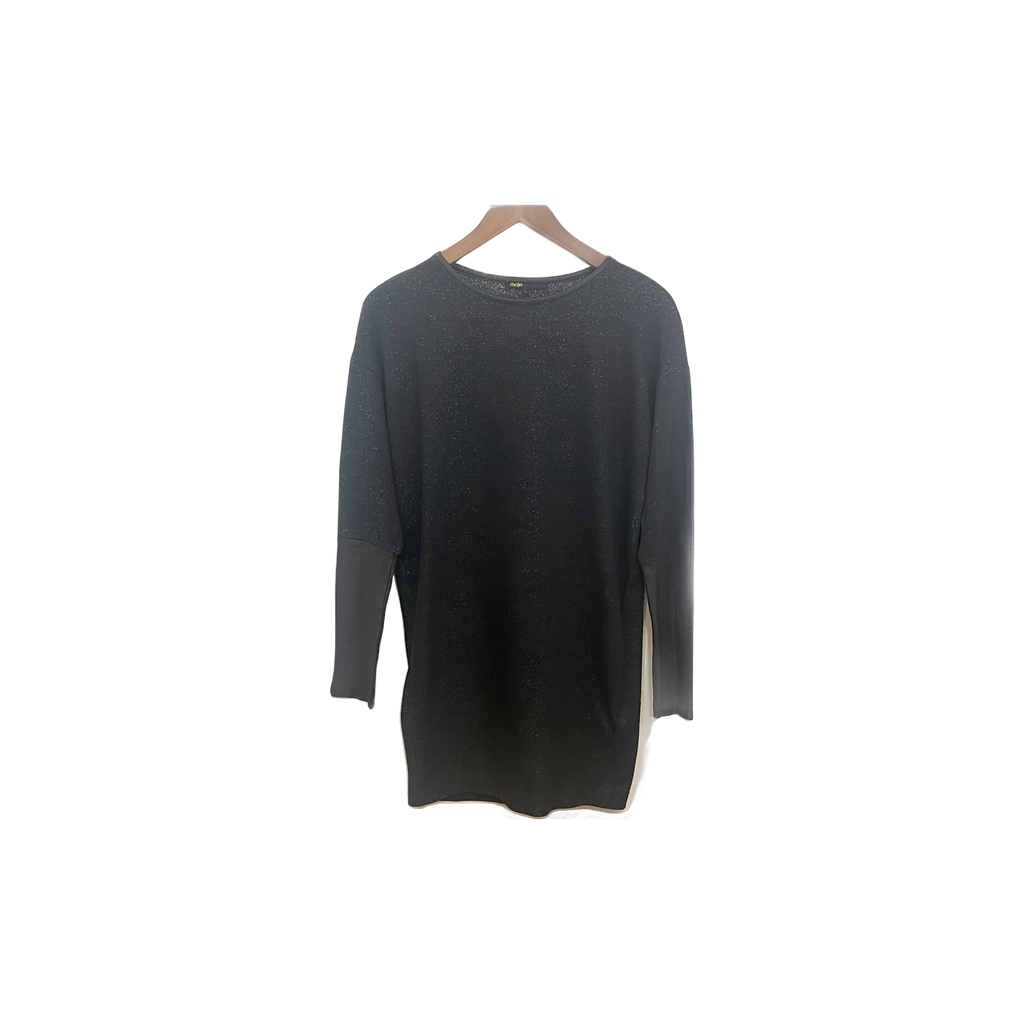 Robe Maje noire femme T1 face — coupe droite manches longues paillettes empiècement simili cuir — seconde main parfait état — Epok Label