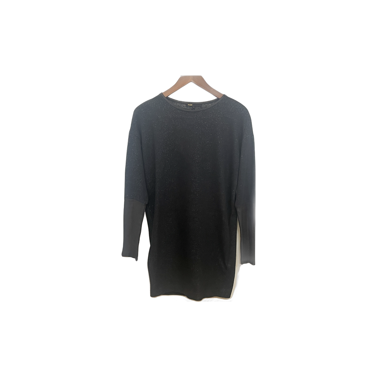 Robe Maje noire femme T1 face — coupe droite manches longues paillettes empiècement simili cuir — seconde main parfait état — Epok Label