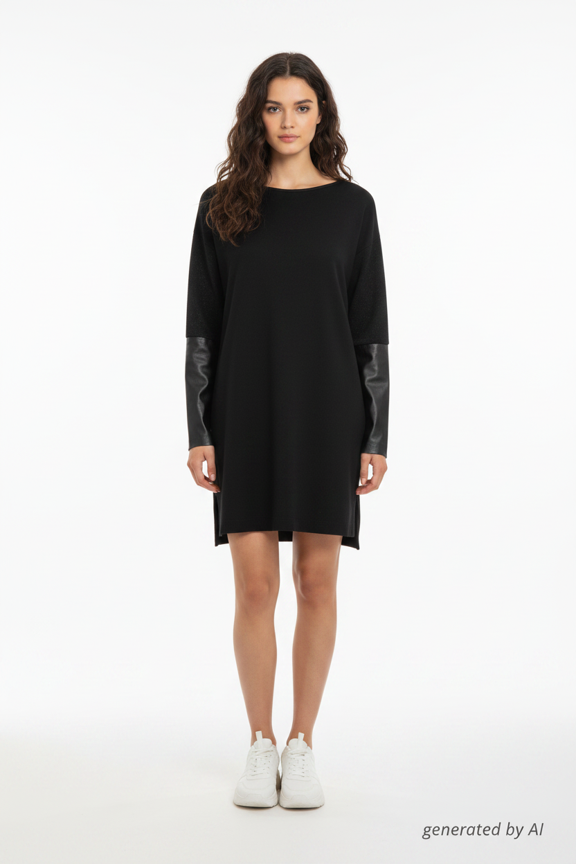 Robe Maje noire femme T1 recto — coupe droite manches longues paillettes empiècement simili cuir — seconde main parfait état — Epok Label