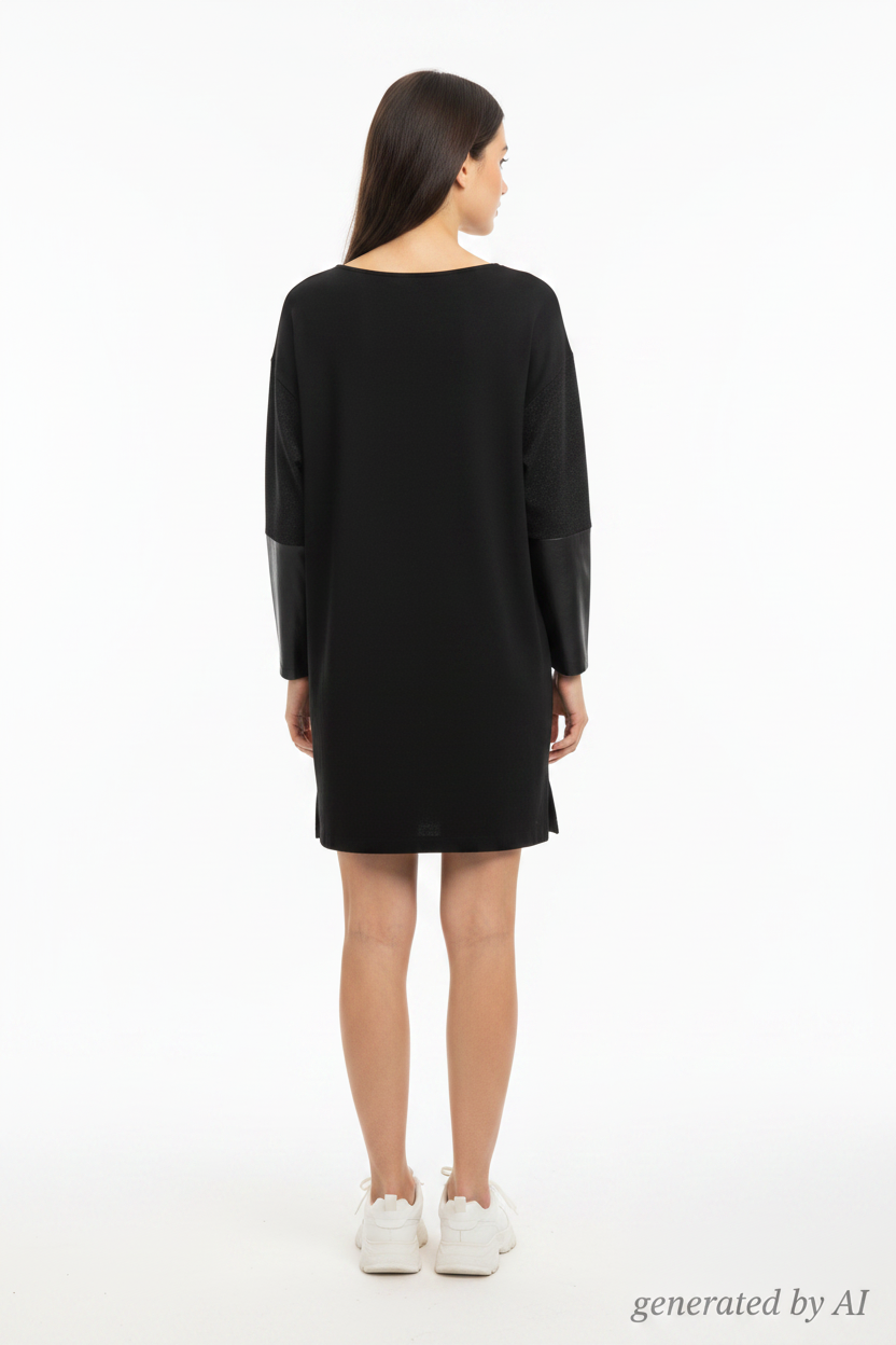 Robe Maje noire femme T1 verso — coupe droite manches longues paillettes empiècement simili cuir — seconde main parfait état — Epok Label