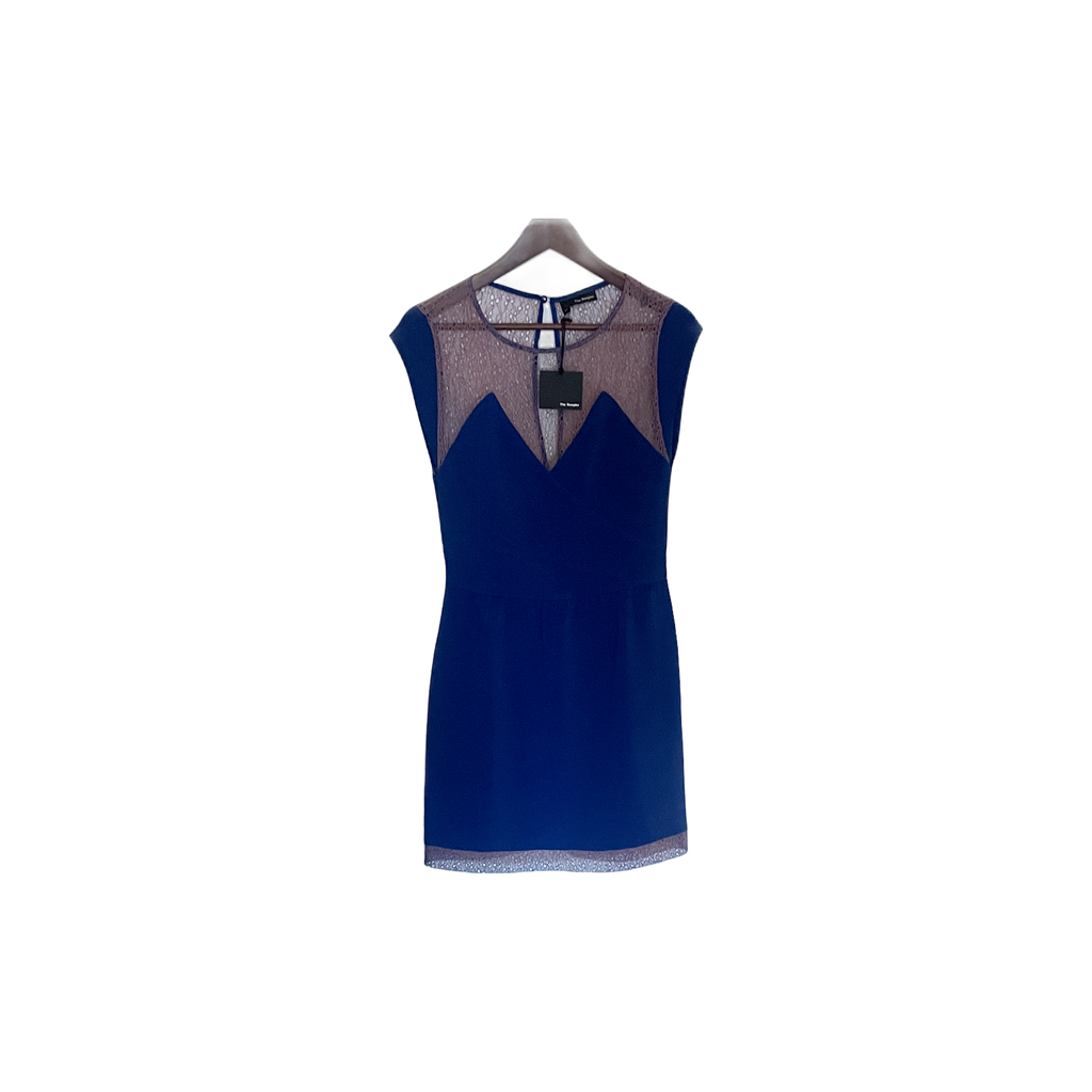 Robe The Kooples bleue XS – vue face, dentelle rosée et col structuré