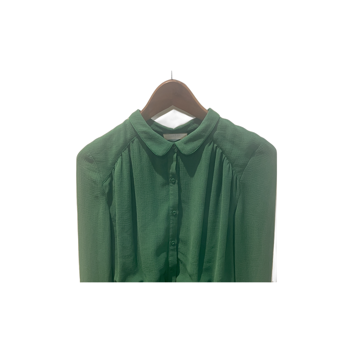 Robe ba&sh femme T1 détail — verte voilage doublé fluide col rond manches longues coupe courte — seconde main parfait état — Epok Label
