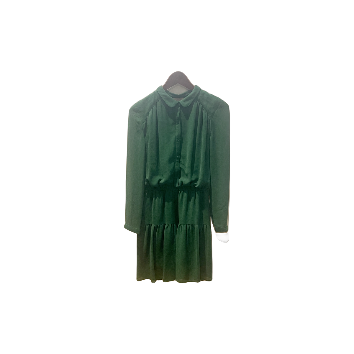 Robe ba&sh femme T1 face — verte voilage doublé fluide col rond manches longues coupe courte — seconde main parfait état — Epok Label