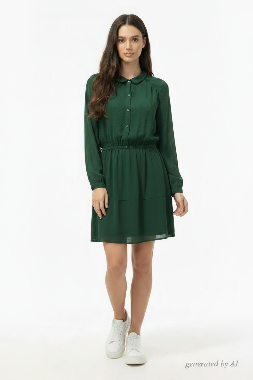 Robe ba&sh femme T1 recto — verte voilage doublé fluide col rond manches longues coupe courte — seconde main parfait état — Epok Label