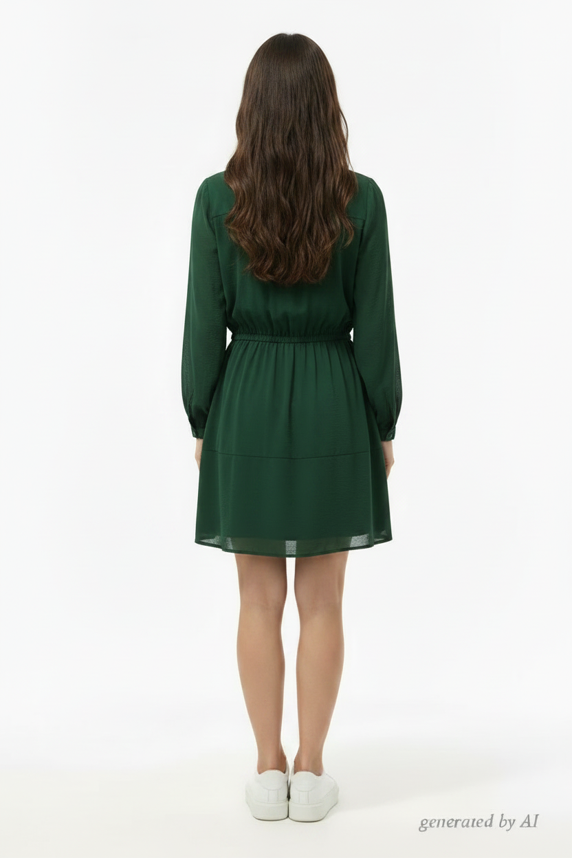 Robe ba&sh femme T1 verso — verte voilage doublé fluide col rond manches longues coupe courte — seconde main parfait état — Epok Label